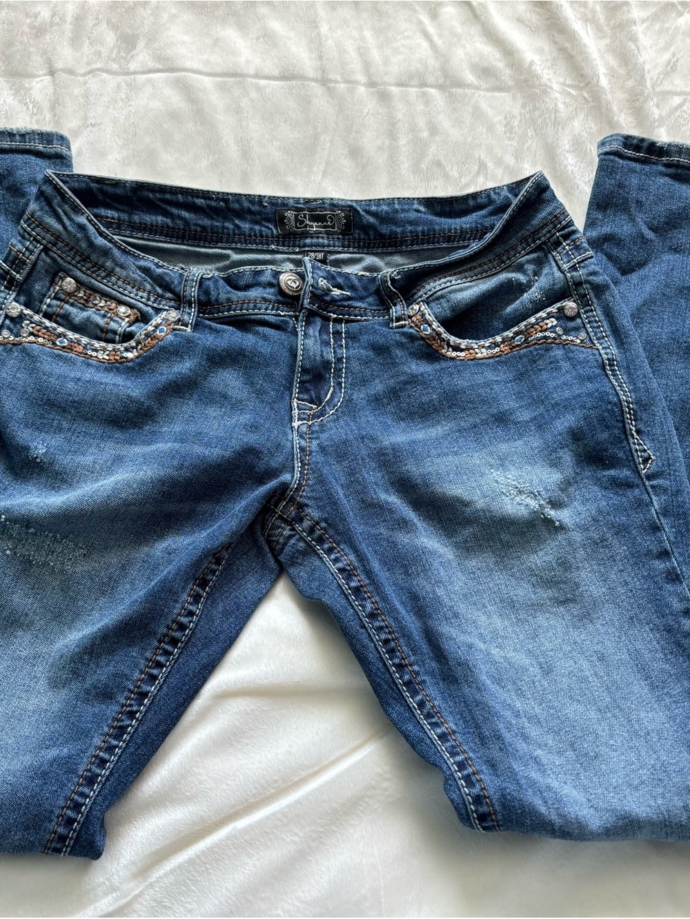Shyanne Women's Blue Embroidered Rhinestone Shy Bootcut Jeans Sz:28x30 - Picture 9 of 13